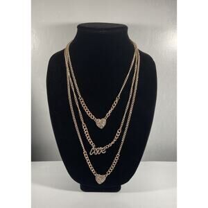Pink Tone 3 Strand Layers 2 Hearts & Love Rhinestone Pendant Necklace Statement